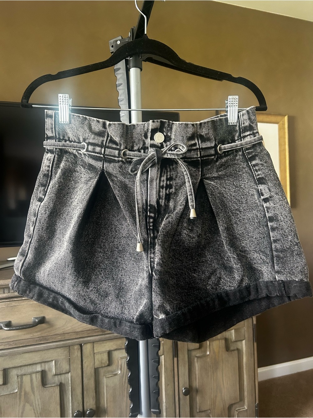 Blank NYC Washed Black Drawstring Paperbag Denim Shorts